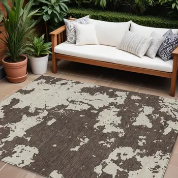 10' X 14' Brown And Beige Abstract Washable Indoor Outdoor Area Rug
