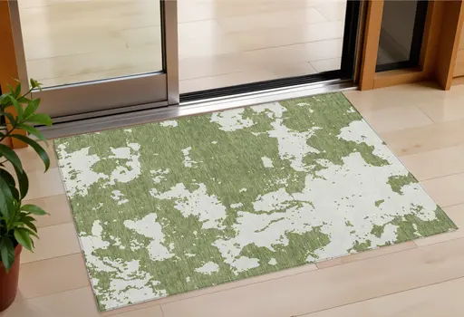 3' X 5' Green And Ivory Abstract Washable Indoor Outdoor Area Rug