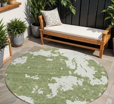 8' Green And Ivory Round Abstract Washable Indoor Outdoor Area Rug