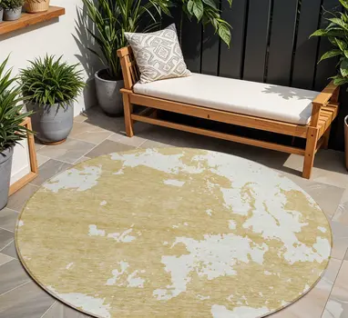8' Gold And Ivory Round Abstract Washable Indoor Outdoor Area Rug