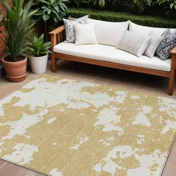 9' X 12' Gold And Ivory Abstract Washable Indoor Outdoor Area Rug