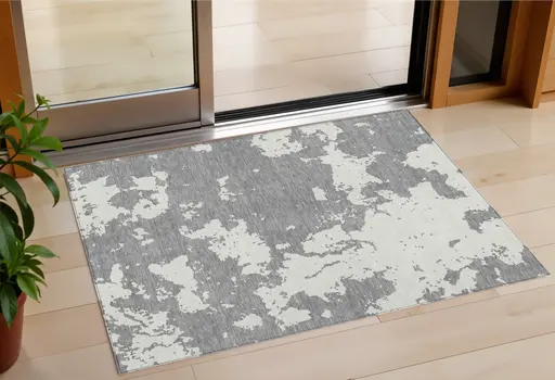 3' X 5' Gray And Ivory Abstract Washable Indoor Outdoor Area Rug