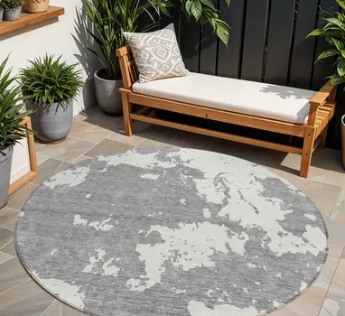 8' Gray And Ivory Round Abstract Washable Indoor Outdoor Area Rug
