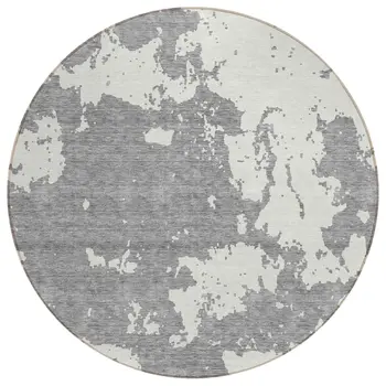 8' Gray And Ivory Round Abstract Washable Indoor Outdoor Area Rug