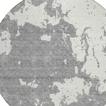 8' Gray And Ivory Round Abstract Washable Indoor Outdoor Area Rug