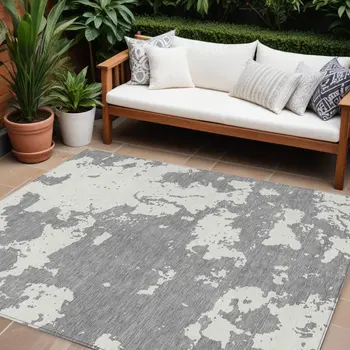 10' X 14' Gray And Ivory Abstract Washable Indoor Outdoor Area Rug
