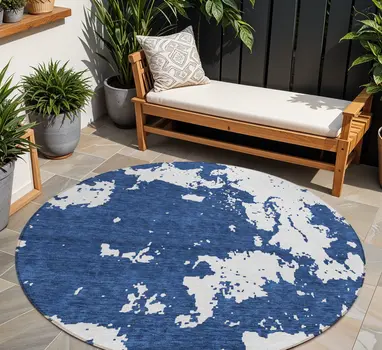 8' Navy Blue And Ivory Round Abstract Washable Indoor Outdoor Area Rug