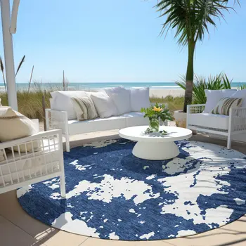 8' Navy Blue And Ivory Round Abstract Washable Indoor Outdoor Area Rug