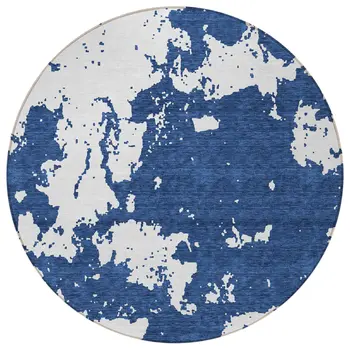 8' Navy Blue And Ivory Round Abstract Washable Indoor Outdoor Area Rug