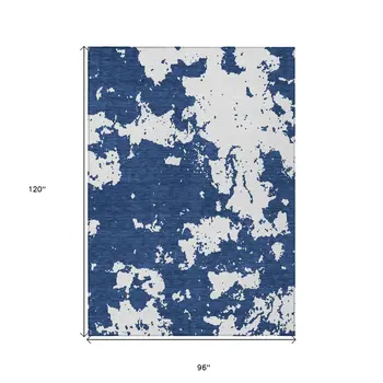 8' X 10' Navy Blue And Ivory Abstract Washable Indoor Outdoor Area Rug