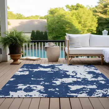 9' X 12' Navy Blue And Ivory Abstract Washable Indoor Outdoor Area Rug