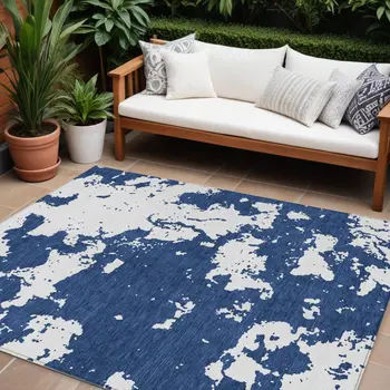 10' X 14' Navy Blue And Ivory Abstract Washable Indoor Outdoor Area Rug