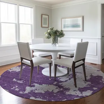 8' Purple And Lavender Round Abstract Washable Indoor Outdoor Area Rug