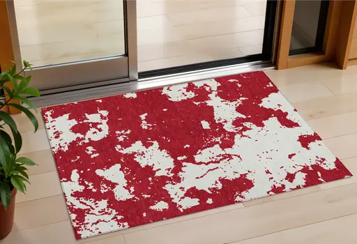 3' X 5' Red And Ivory Abstract Washable Indoor Outdoor Area Rug