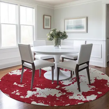 8' Red And Ivory Round Abstract Washable Indoor Outdoor Area Rug
