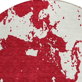 8' Red And Ivory Round Abstract Washable Indoor Outdoor Area Rug