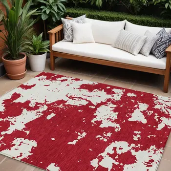 10' X 14' Red And Ivory Abstract Washable Indoor Outdoor Area Rug