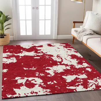 10' X 14' Red And Ivory Abstract Washable Indoor Outdoor Area Rug