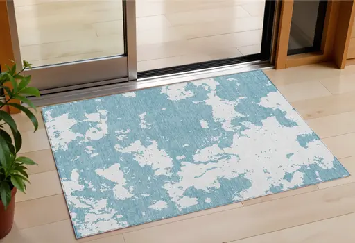 3' X 5' Sky Blue And Ivory Abstract Washable Indoor Outdoor Area Rug