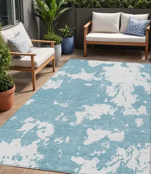 5' X 8' Sky Blue And Ivory Abstract Washable Indoor Outdoor Area Rug