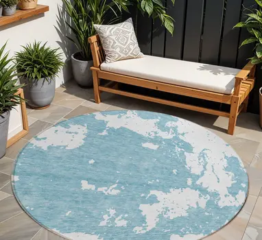 8' Sky Blue And Ivory Round Abstract Washable Indoor Outdoor Area Rug