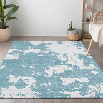 9' X 12' Sky Blue And Ivory Abstract Washable Indoor Outdoor Area Rug