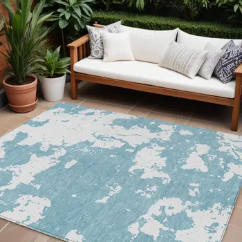10' X 14' Sky Blue And Ivory Abstract Washable Indoor Outdoor Area Rug