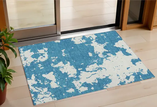 3' X 5' Teal Blue And Ivory Abstract Washable Indoor Outdoor Area Rug