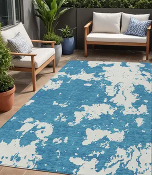5' X 8' Teal Blue And Ivory Abstract Washable Indoor Outdoor Area Rug