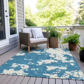 5' X 8' Teal Blue And Ivory Abstract Washable Indoor Outdoor Area Rug