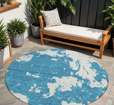 8' Teal Blue And Ivory Round Abstract Washable Indoor Outdoor Area Rug