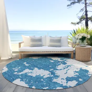 8' Teal Blue And Ivory Round Abstract Washable Indoor Outdoor Area Rug