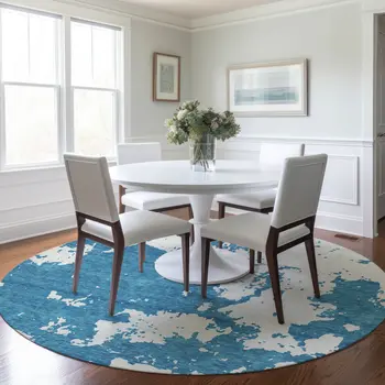 8' Teal Blue And Ivory Round Abstract Washable Indoor Outdoor Area Rug