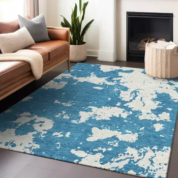 10' X 14' Teal Blue And Ivory Abstract Washable Indoor Outdoor Area Rug