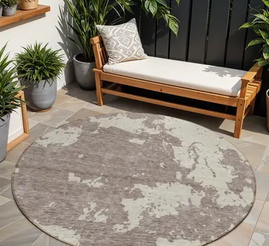 8' Taupe And Beige Round Abstract Washable Indoor Outdoor Area Rug