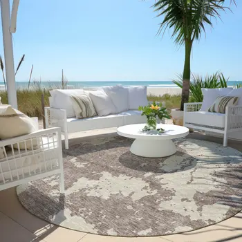 8' Taupe And Beige Round Abstract Washable Indoor Outdoor Area Rug