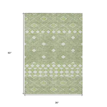 3' X 5' Artichoke Green And Ivory Geometric Washable Indoor Outdoor Area Rug