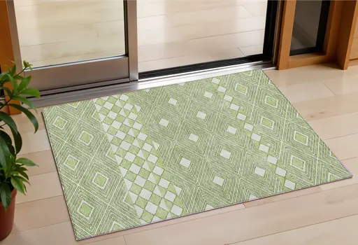 3' X 5' Artichoke Green And Ivory Geometric Washable Indoor Outdoor Area Rug