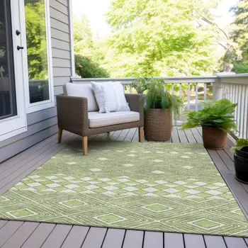 3' X 5' Artichoke Green And Ivory Geometric Washable Indoor Outdoor Area Rug