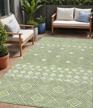 5' X 8' Artichoke Green And Ivory Geometric Washable Indoor Outdoor Area Rug