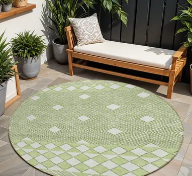 8' Artichoke Green And Ivory Round Geometric Washable Indoor Outdoor Area Rug