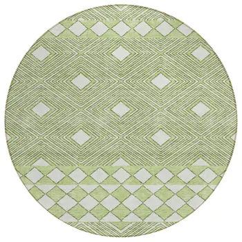 8' Artichoke Green And Ivory Round Geometric Washable Indoor Outdoor Area Rug