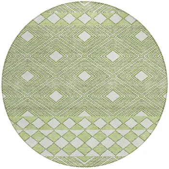 8' Artichoke Green And Ivory Round Geometric Washable Indoor Outdoor Area Rug