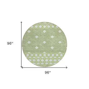 8' Artichoke Green And Ivory Round Geometric Washable Indoor Outdoor Area Rug