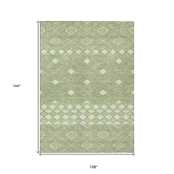 9' X 12' Artichoke Green And Ivory Geometric Washable Indoor Outdoor Area Rug
