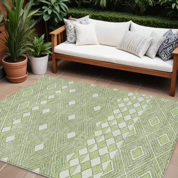 9' X 12' Artichoke Green And Ivory Geometric Washable Indoor Outdoor Area Rug