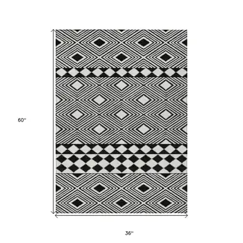 3' X 5' Black And Ivory Geometric Washable Indoor Outdoor Area Rug