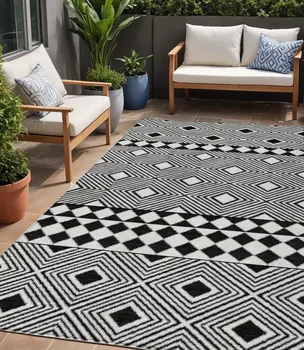 5' X 8' Black And Ivory Geometric Washable Indoor Outdoor Area Rug