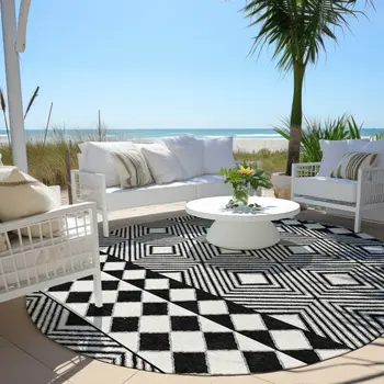 8' Black And Ivory Round Geometric Washable Indoor Outdoor Area Rug