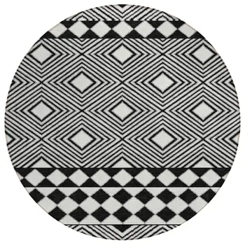 8' Black And Ivory Round Geometric Washable Indoor Outdoor Area Rug